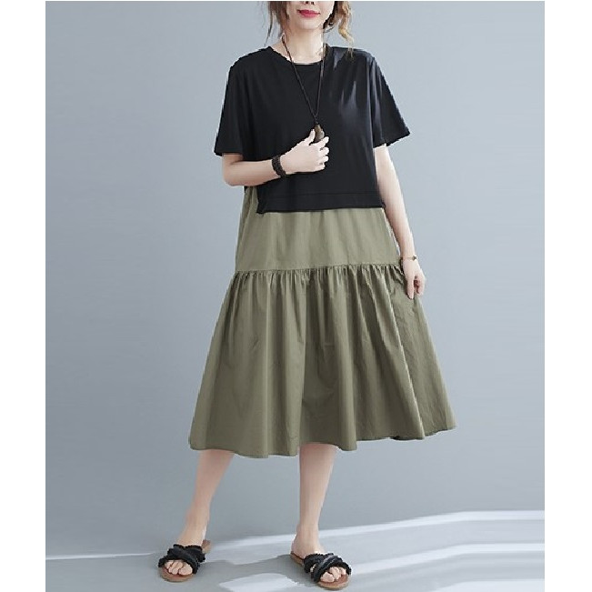 Đầm suông rúm ly phối màu cách điệu ngắn tay đủ size lựa chọn.