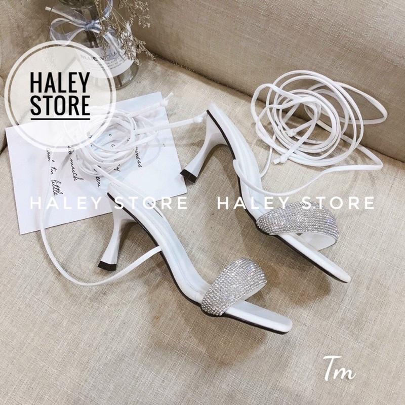 Giày sandal chiến binh nữ 7cm HALEY STORE quai ngang đính đá xoàn lấp lánh tiểu thư sang trọng cột dây rẻ bền đẹp