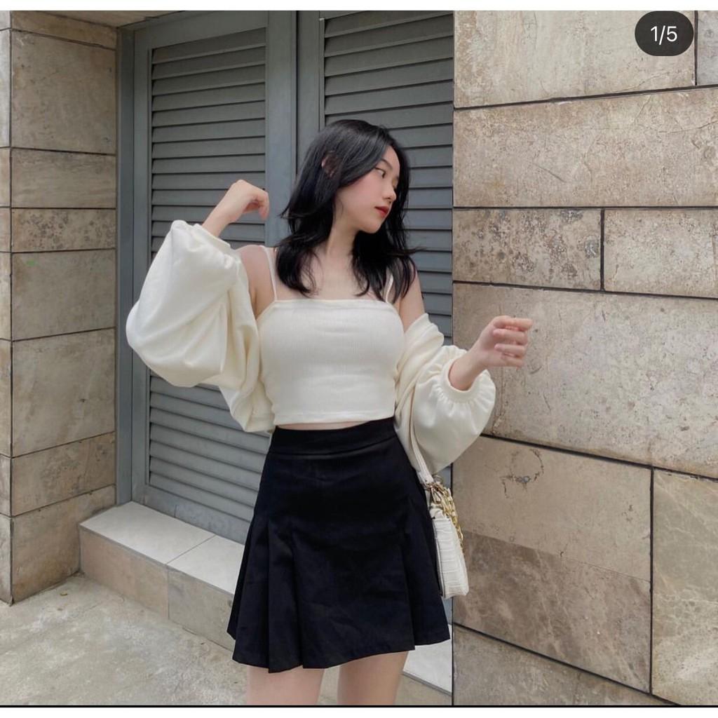 Set đồ nữ, đồ bộ nữ 3 Món CARDIGAN kèm áo croptop 2 dây trắng mix chân váy xếp ly ngắn MS003