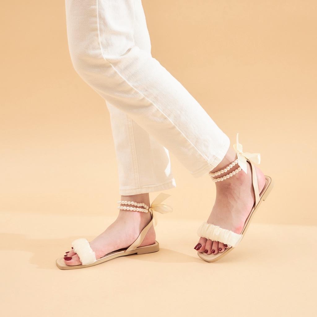 Giày sandal nữ MWC 2985 - Sandal Quai Ngang Nhún Cách Điệu Phối Quai Hậu Kết Ngọc Nữ Tính Thời Trang