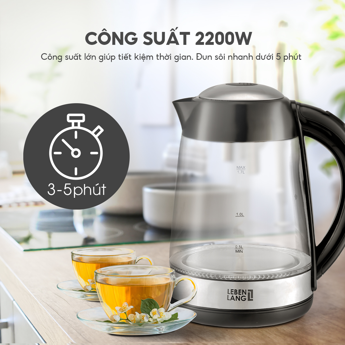 Ấm siêu tốc bình siêu tốc thủy tinh LEBENLANG LBWE9991, 1.7 lít, công suất 2200W - hàng chính hãng