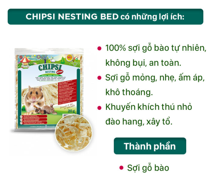 CHIPSI NESTING BED- Lót Chuồng Cho Chuột Hamster - 20G - Xuất xứ Đức