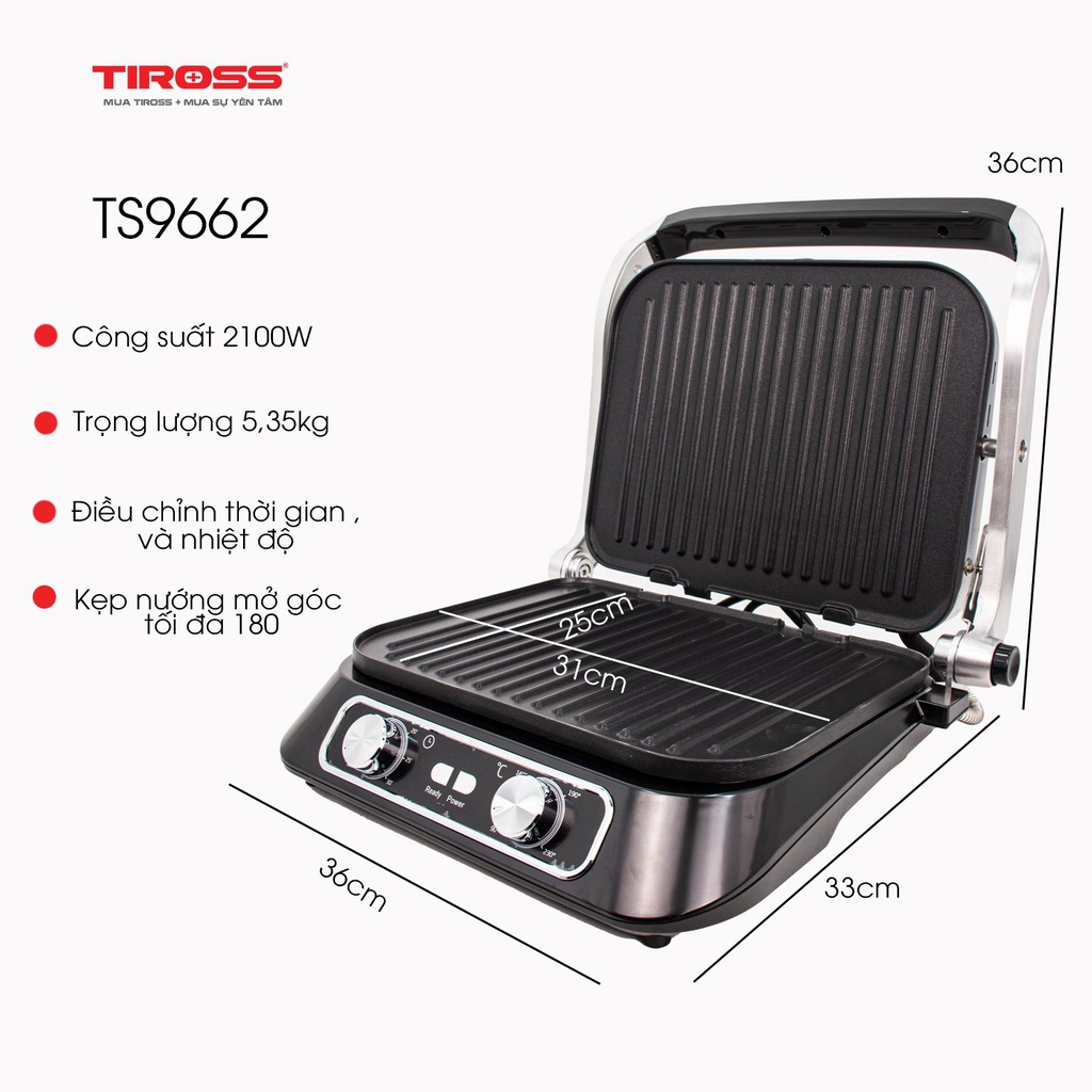 Kẹp Nướng Điện Bánh Mì Sandwich Tiross TS9662, Nướng Thịt BBq, Nướng Cá, Nướng Hải Sản, Nướng Bít Tết, Công Suất 2100W - Hàng chính hãng