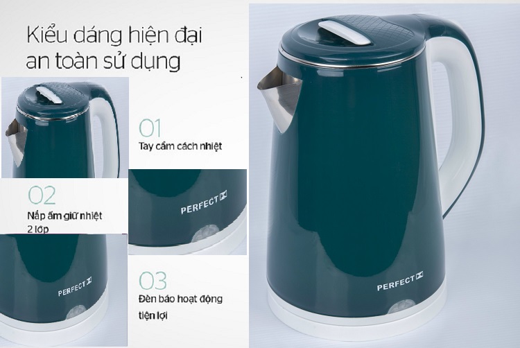 Ấm đun siêu tốc 2 lớp Inox 304 Perfect 2L2 Màu Xanh - Hàng chính hãng