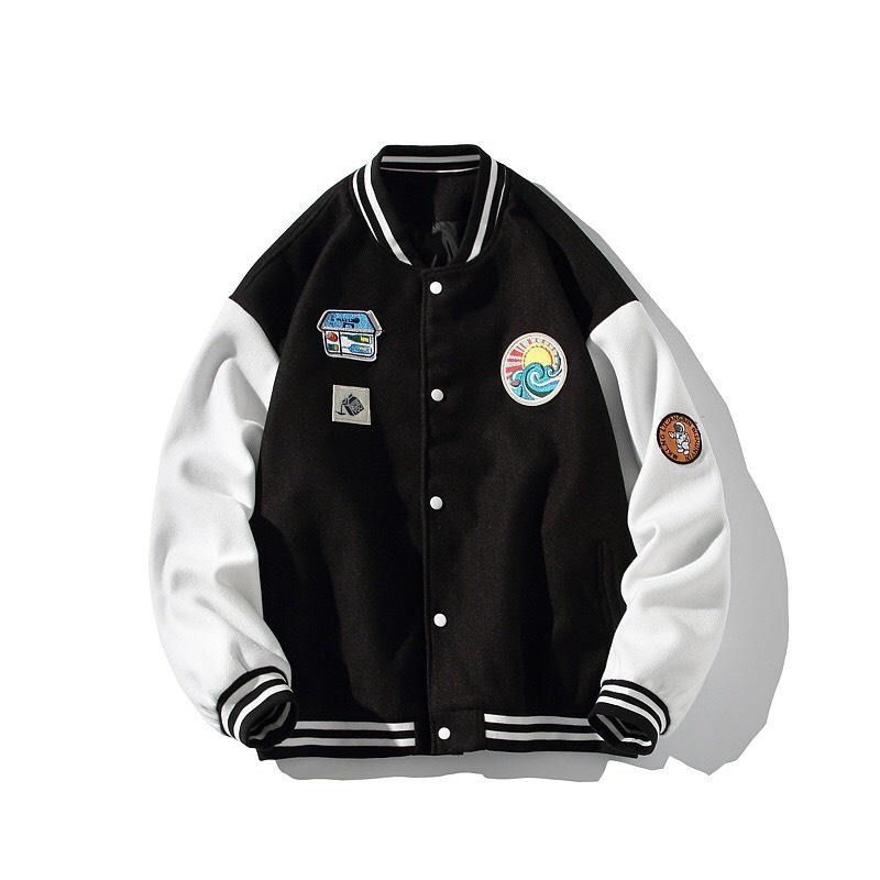 Áo Khoác Bomber Nỉ Bông Thêu Logo Sóng Nổi Varsity Form Rộng Unisex Nam Nữ Phối Phong Cách Ulzzang