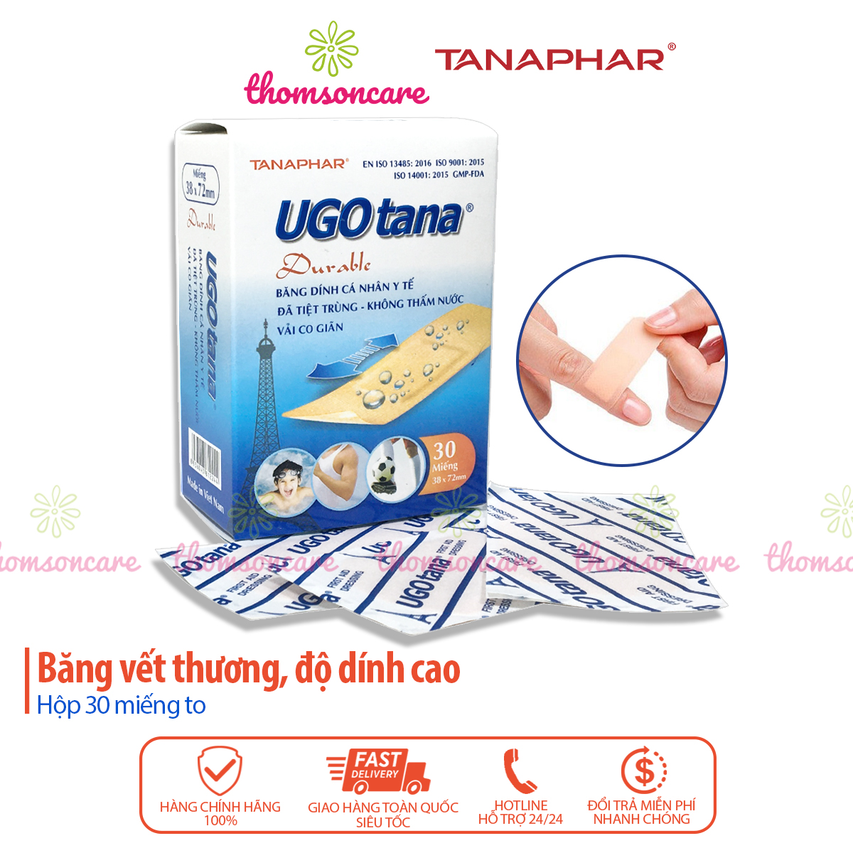 Băng dính cá nhân y tế UGOTANA miếng to 38x72mm - Hộp 30 miếng Không thấm nước, dùng cho vết thương đứt tay