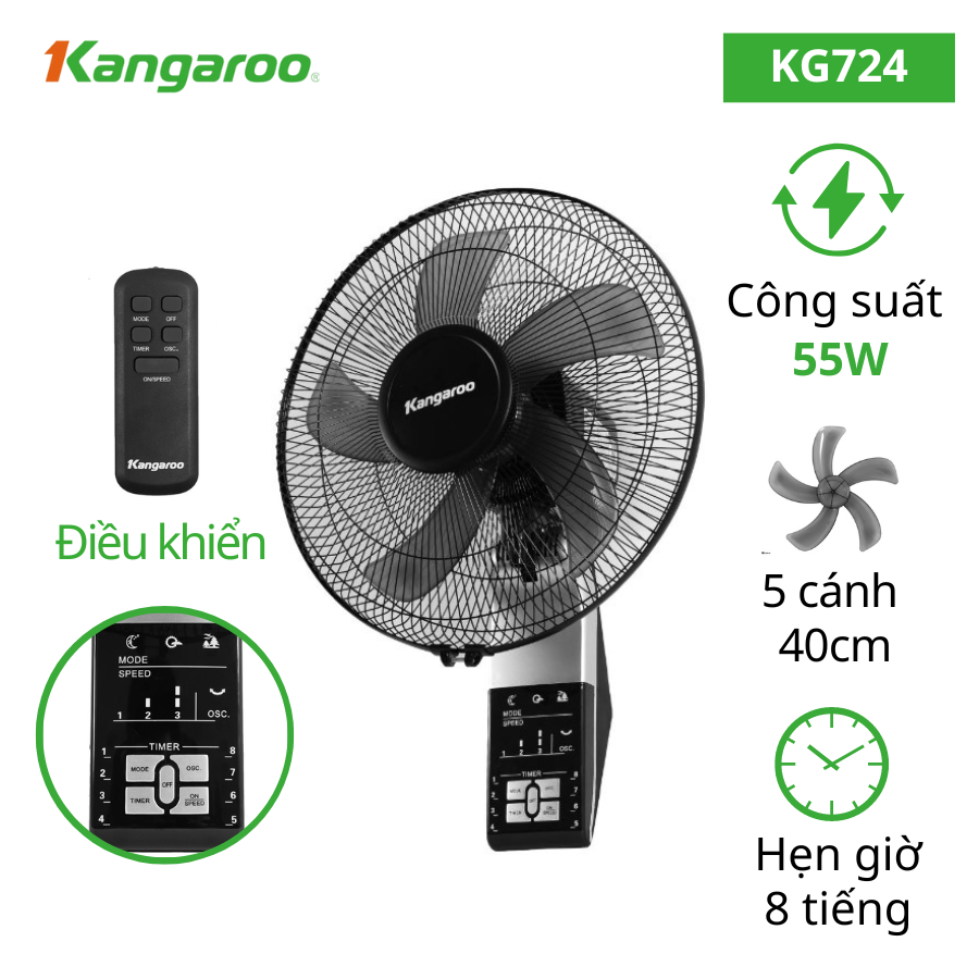 Quạt treo tường Kangaroo KG724 - Hàng chính hãng