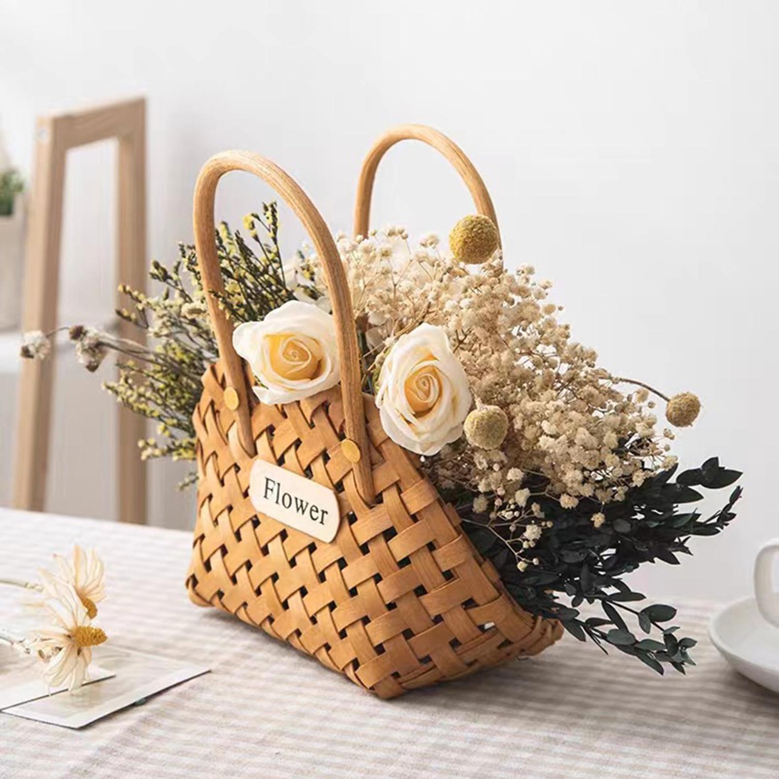 Pastoral Basket Storage Basket with Handle Handmade Wood Basket Storage Serving Basket for Flower Wedding Outdoor Camping Countertop