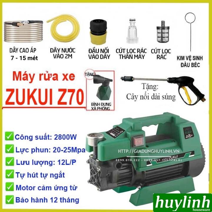 Máy xịt rửa xe Zukui Z70 - Công suất 2800W - Model 2023 - Tự hút nước - Tự ngắt - Motor cảm ứng từ