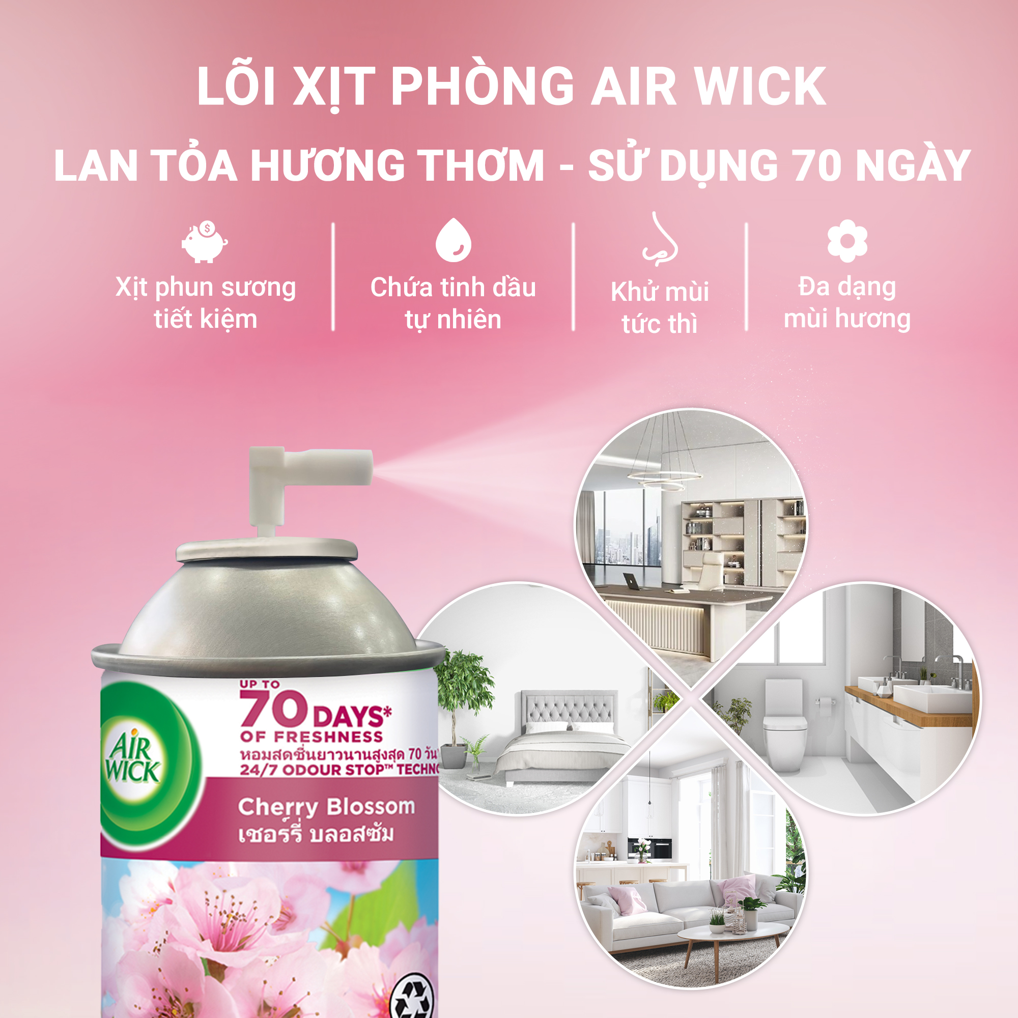 Lõi máy xịt phòng tự động Air Wick, hương Hoa Anh Đào ngọt ngào và khử mùi nhanh chóng, 250ml