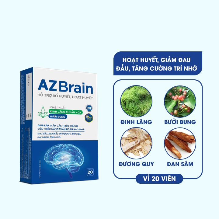 Hoạt huyết dưỡng não AZ Brain giảm đau đầu, mất ngủ, suy nhược thần kinh, tăng tuần hoàn máu não Grow Green AZ (H/20v)