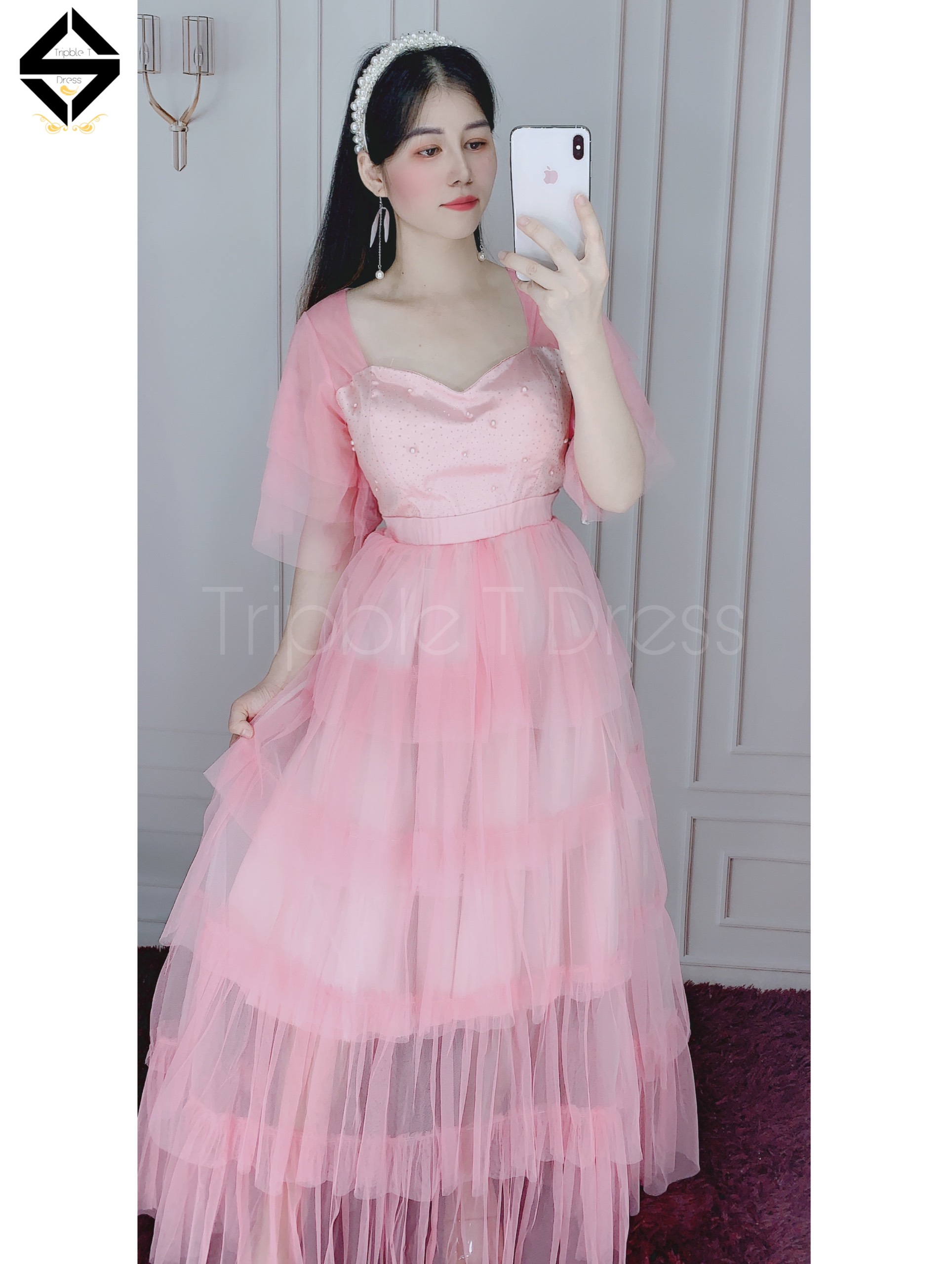 Đầm maxi dự tiệc lưới xếp tầng tay loa TRIPBLE T DRESS -size M/L - MS302V