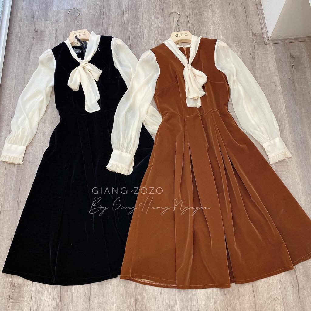 Váy dáng xòe chất umi Đầm dáng dài phối nơ cổ tay dài hàng thiết kế VNXK