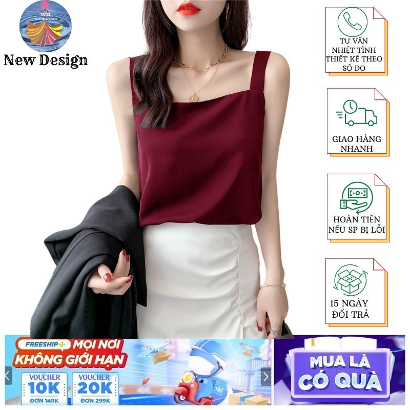 Áo hai dây lụa cổ vuông mặc trong vest, blazer Áo lụa 2 dây có size - New Design AO0010