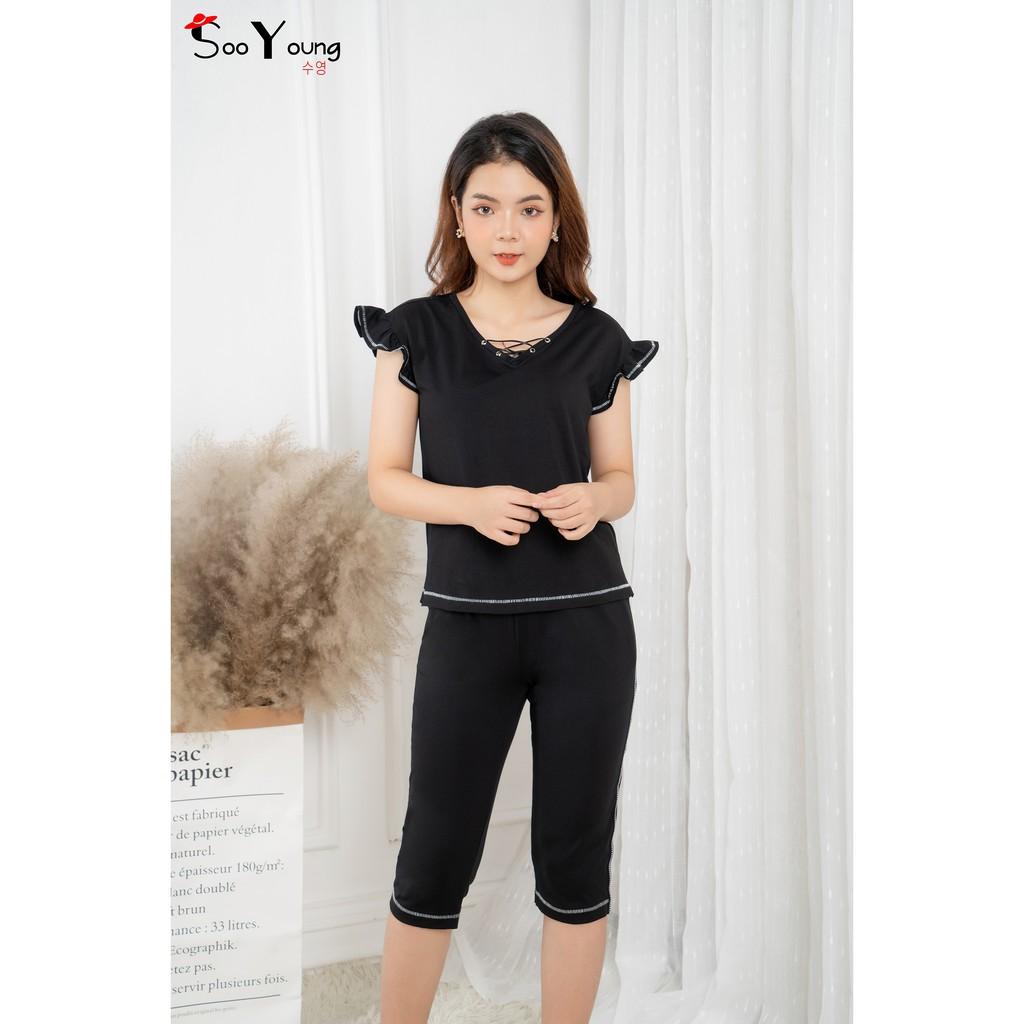 Bộ thun cotton bèo vai cổ tim đan chéotay cánh tiên- Sooyoung