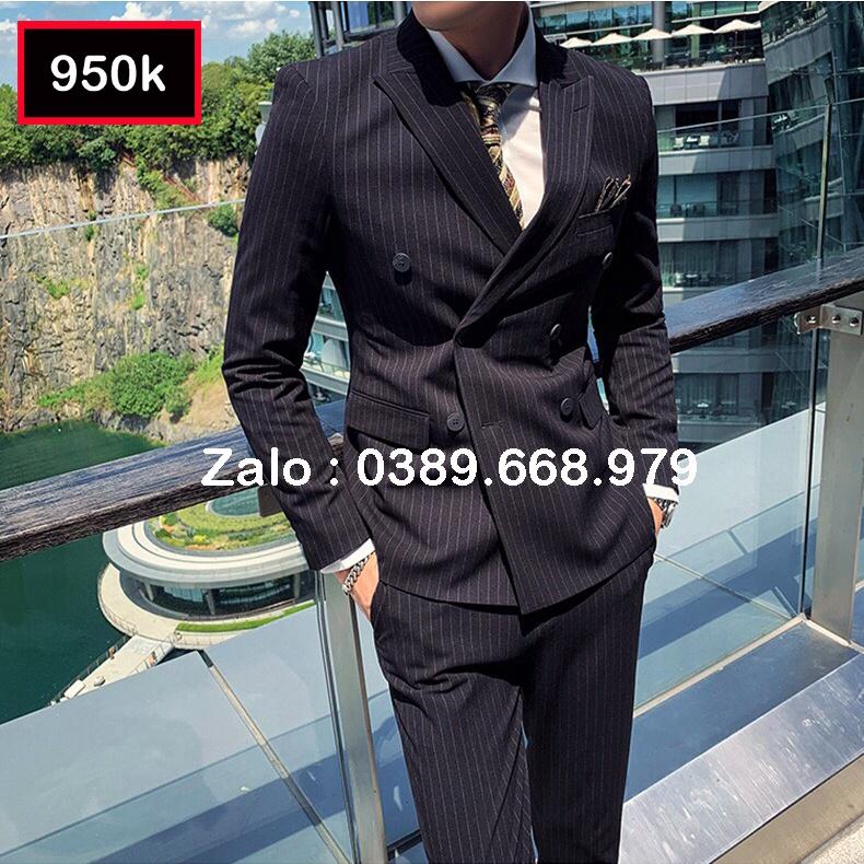 Bộ Vest Nam Cao Cấp 6 Cúc kẻ sọc màu đen
