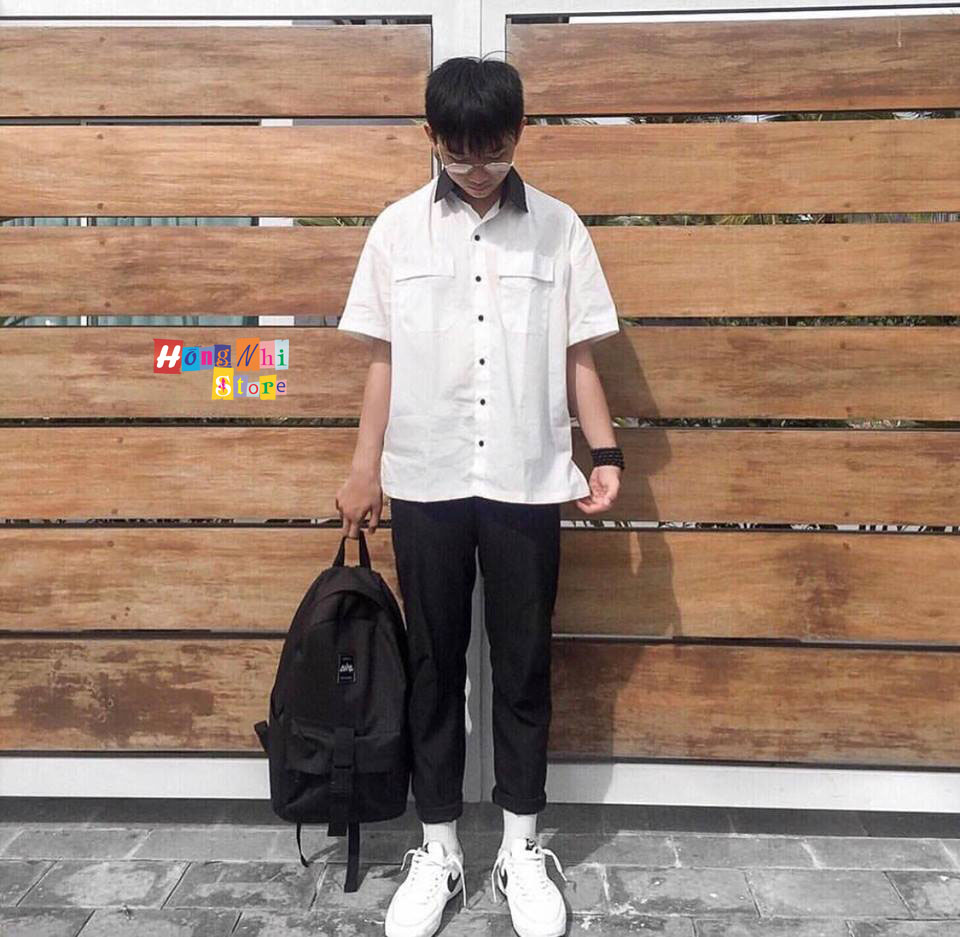 Sơ Mi Tay Lỡ Dáng Rộng Unisex Phối Cổ 2 Túi Màu Trắng - Sơ Mi Mix Tay Lỡ - MM