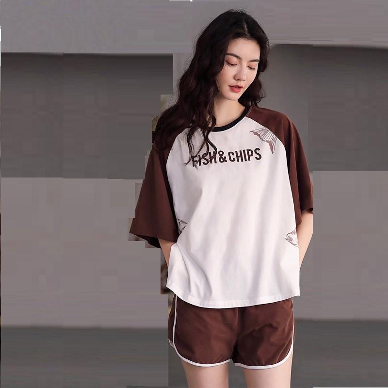 Đồ bộ mặc nhà nữ mùa hè thun cotton họa tiết chữ fish &chip