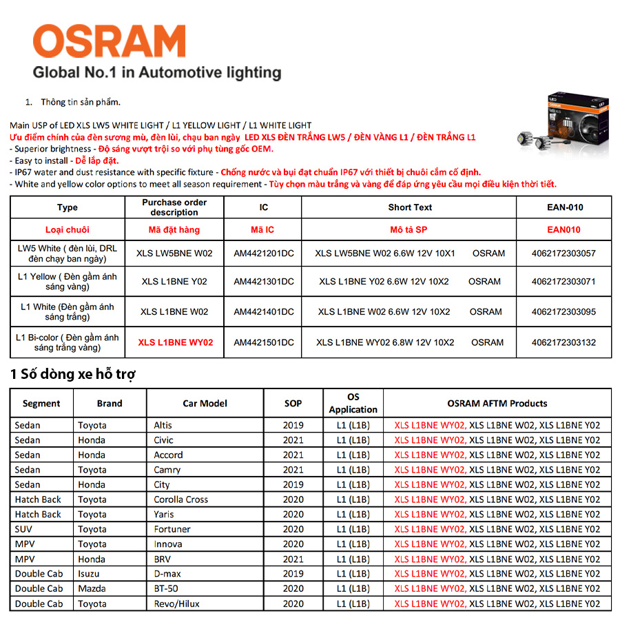 Combo 2 Bóng Đèn Led Gầm XLS OSRAM L1/L1B 12V 6.6W - Nhập Khẩu Chính Hãng
