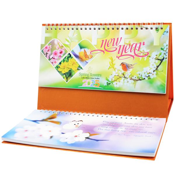 Lịch Bàn 2025 Có Note - Lộc Biếc Hoa Xuân - Văn Lang VL-LB16 - Đế Màu Cam