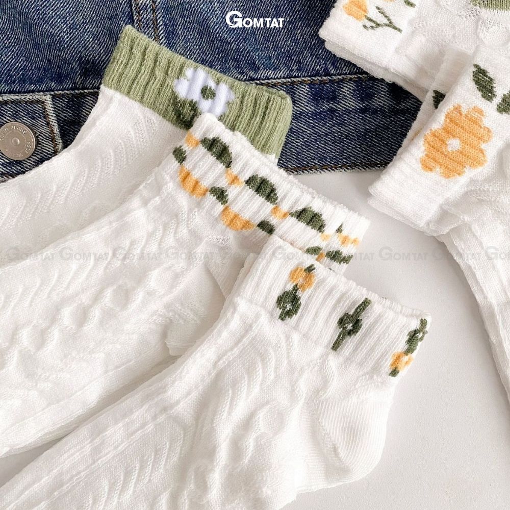 Set 5 đôi tất vớ nữ cổ ngắn GOMTAT họa tiết hoa dễ thương, chất liệu cotton mềm mịn thoáng mát, êm chân - CB093