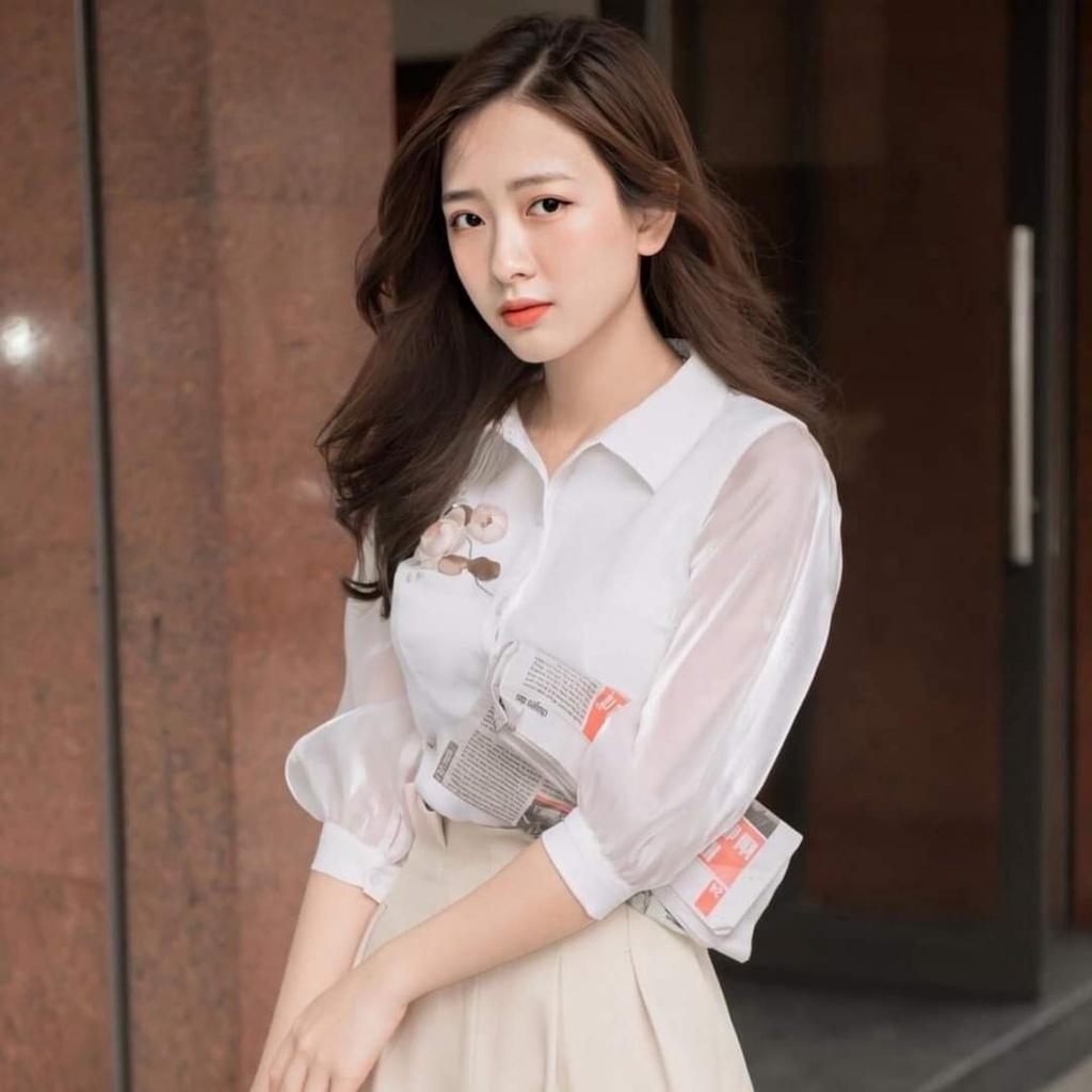 Áo sơ mi nữ công sở thời trang SURI cổ sơ mi,áo thêu hoa trước ngực,tay lưới thật trẻ trung