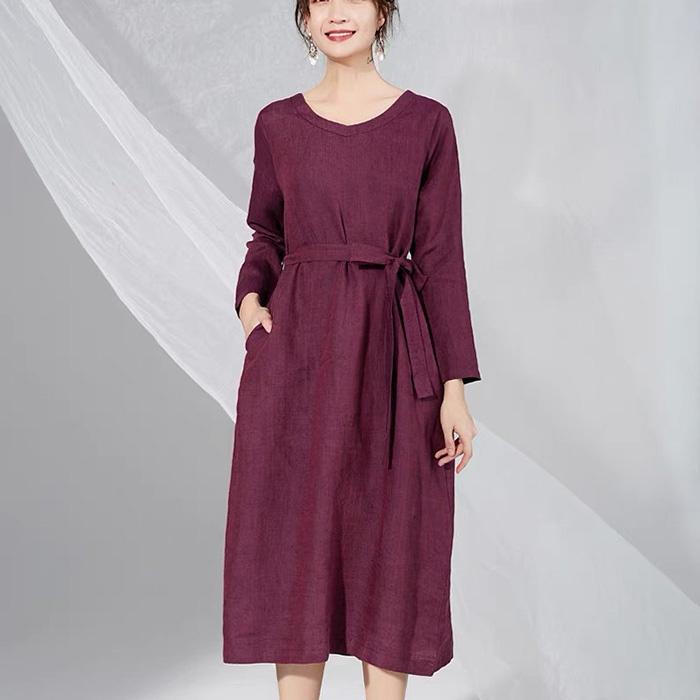 Đầm suông linen cô tim dài tay kèm đai rời trẻ trung, thời trang hè thu 2021 - Đỏ bã trầu