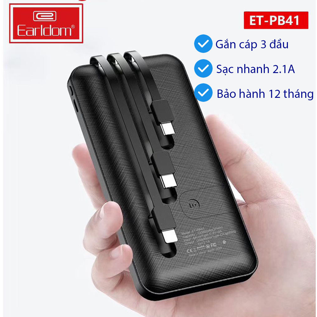 Pin Sạc dự phòng Earldom PB-41 kèm giá đỡ, dung lượng 10.000 mAh gắn cáp 3 đầu tiện lợi, hỗ trợ sạc nhanh 2.1A cho 3 cổng Lightning/TypeC, Micro – hàng chính hãng