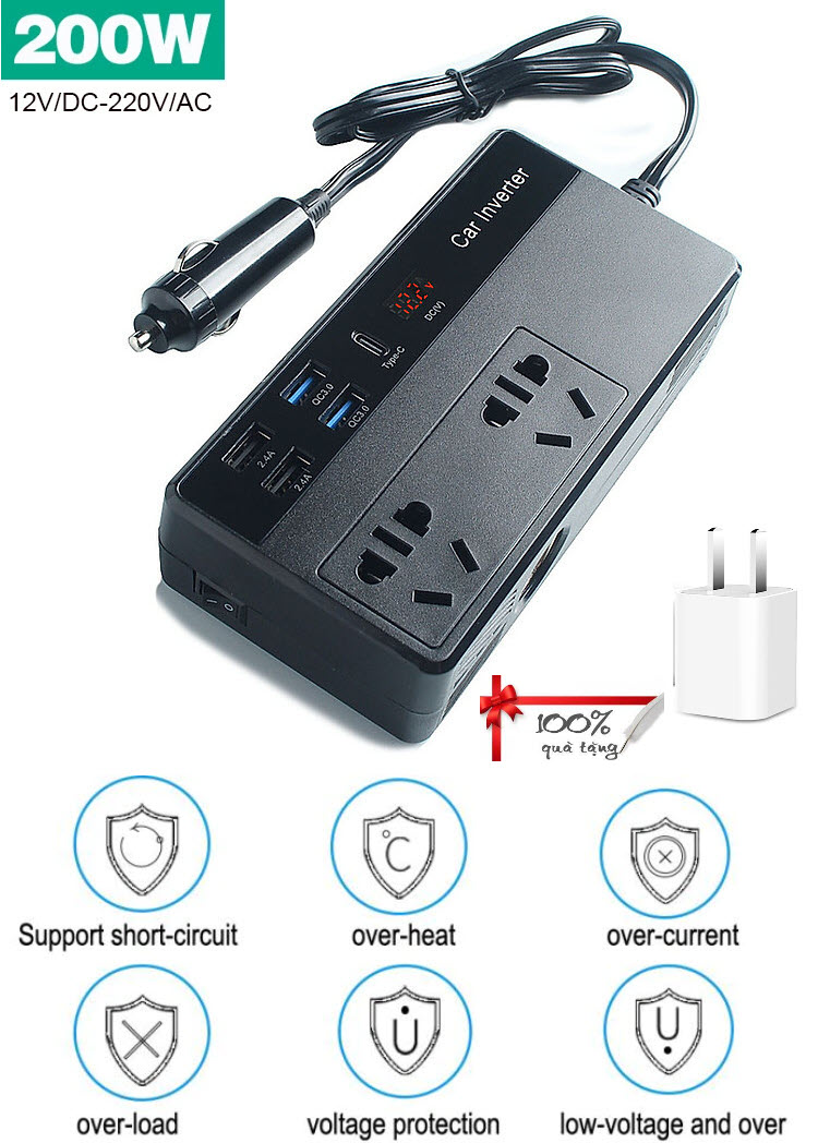 Bộ Chuyển Đổi Nguồn Điện DC 12V Sang AC 110V/220V 200W Tích Hợp 4 Cổng USB Sạc Nhanh Và 1 Cổng Type-C M2012 - Kèm Củ Sạc