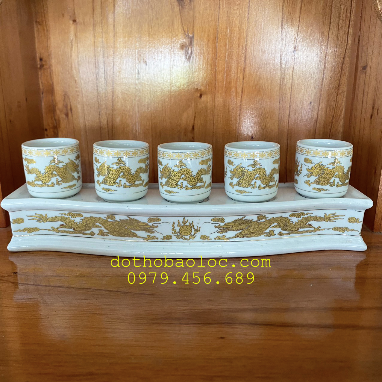 Chum nước thờ sứ trắng in hình rồng cao cấp 2 loại: bộ 3 ly và bộ 5 ly