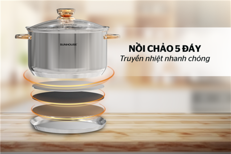 Bộ nồi chảo inox 5 đáy Sunhouse SHG789 - quai chống nóng mạ vàng - Hàng chính hãng