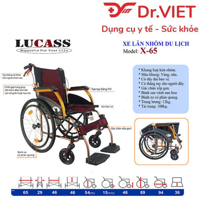 Xe lăn nhôm du lịch Lucass X-65 Cao Cấp - Tiện lợi, nhỏ gọn, dễ mang theo đi du lịch cho người già, người khuyết tật