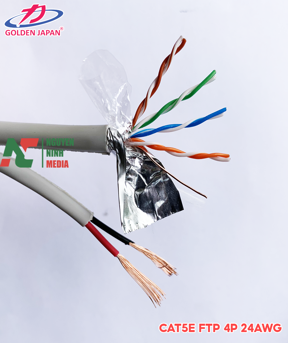 Dây Mạng Liền Nguồn Golden Japan Cat5e FTP CCA 4P 24AWG Bọc Bạc Chống Nhiễu + Kèm 2 Sợi Dây Điện 2C - Hàng Chính Hãng