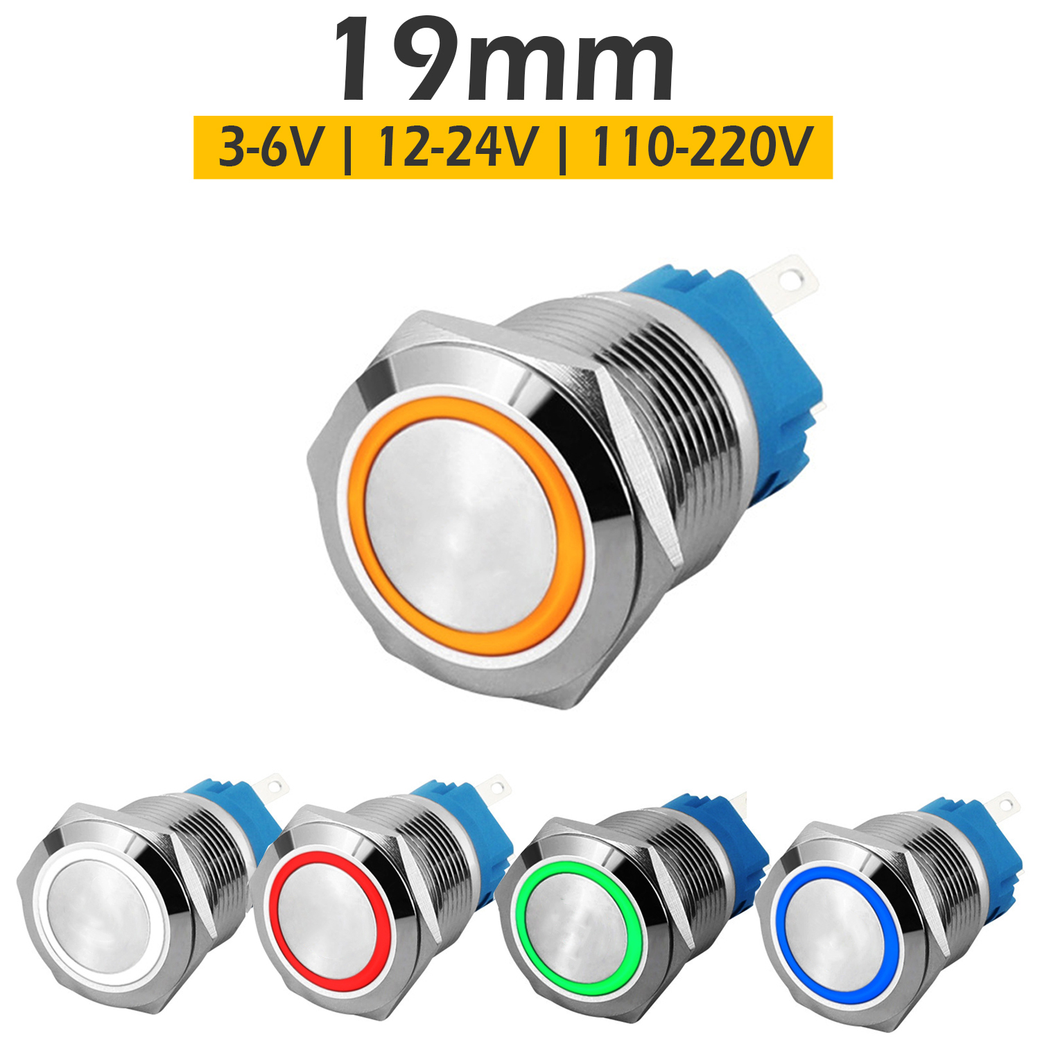 Công tắc Self-Lock 19mm, Nút nhấn tự khóa có đèn LED (3-6V 12-24V 110-220V), Vỏ Inox chống nước, Chịu nhiệt