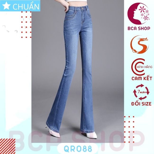 Quần jean nữ ống loe QRO88 ROSATA tại BCASHOP dáng dài cà bạc phần đùi, lưng cao 1 nút, phom chuẩn, chất liệu jean cao cấp - màu xanh