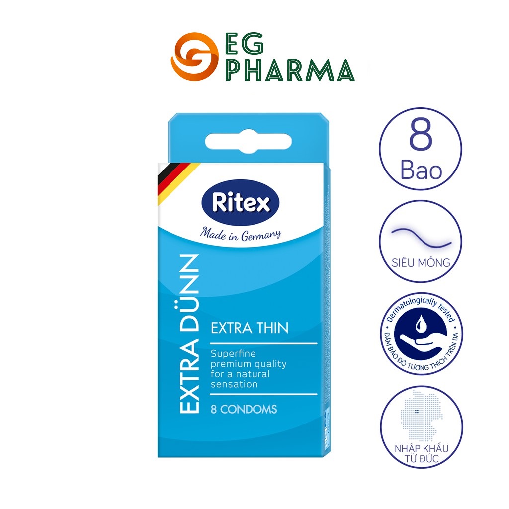 Bao cao su Ritex Extra Dünn siêu mỏng 0.01, mềm mại, bền dai hộp 8 bao - Hàng nhập khẩu chính hãng- RE002