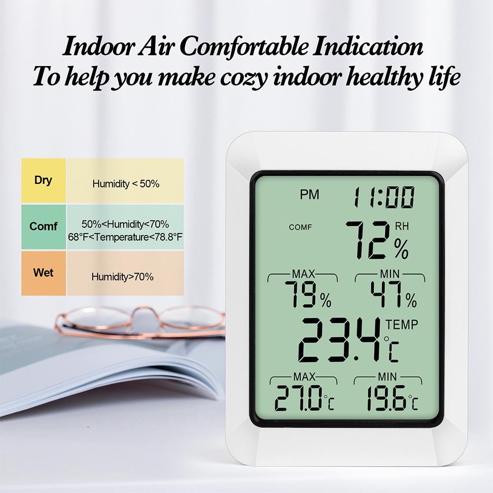 3.9-inch LCD Thermo-hygormeter Digital Temperature and Humidity Meter with Max Min Value Display 2 in 1 Thermometer and Hygrometer Alarm Clock Indoor Temperature Humidity Monitor for Home Office Dormitory