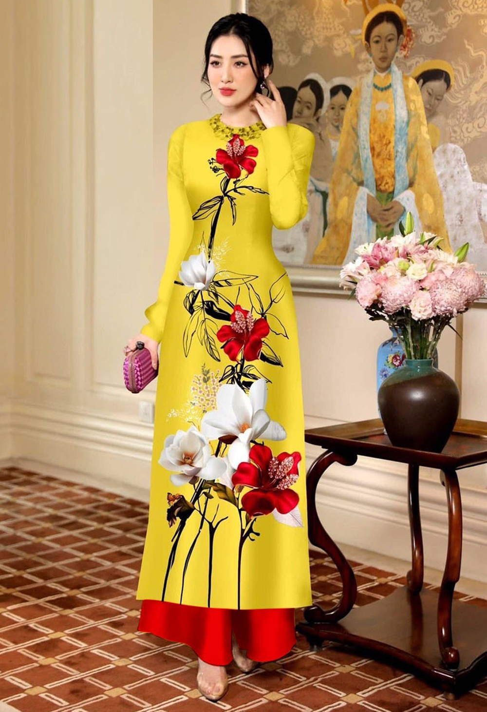 Áo dài in 3D họa tiết hoa lan cao cấp D030 - Khánh Linh style - Lady Fashion