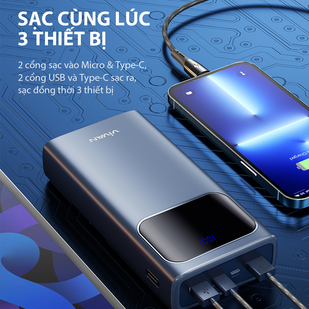 Pin Sạc Dự Phòng VIVAN VPB-C30 Dung Lượng 30000MAH Công Suất Lớn 22.5W Hỗ Trợ Sạc Nhanh 5A Chuẩn PD QC 3.0 VOOC Hàng Chính Hãng