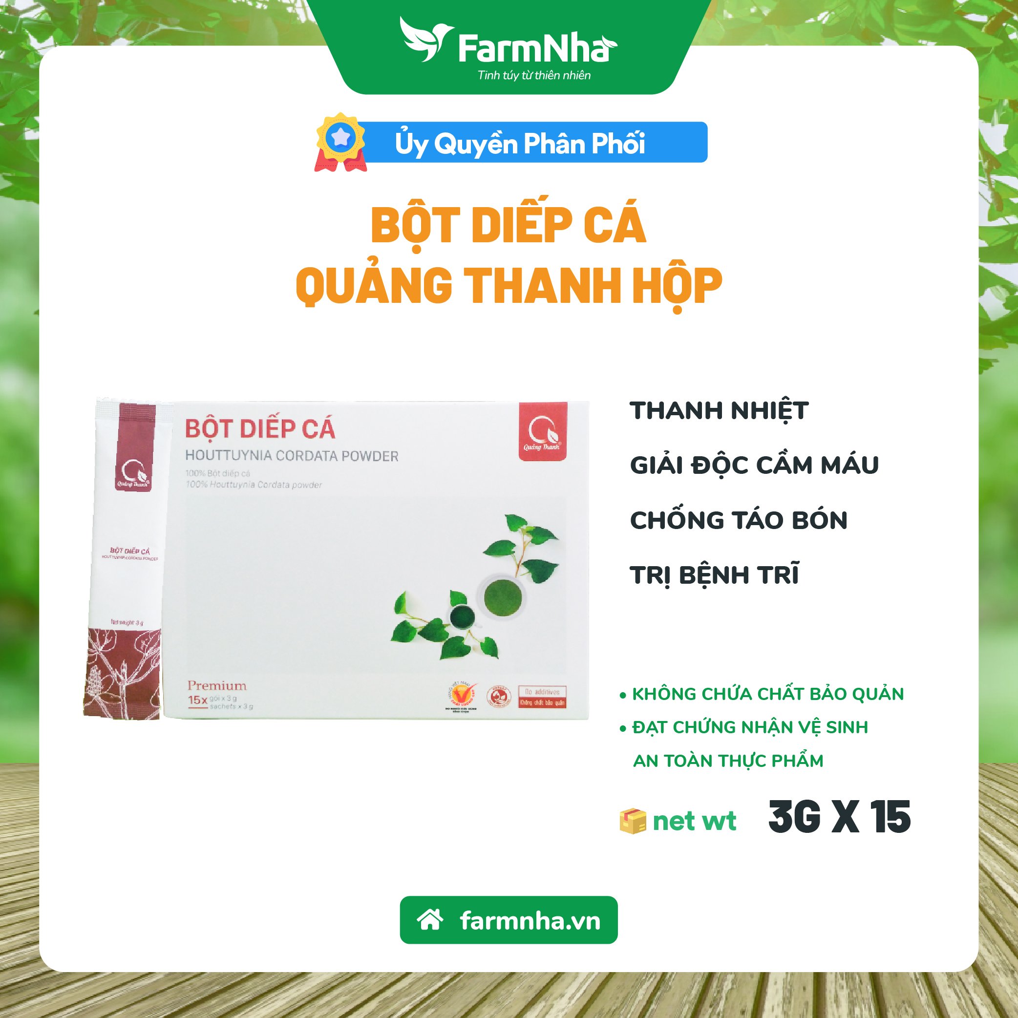 Bột Diếp Cá Quảng Thanh Hộp 15 gói x 3gr 100% Organic chuẩn xuất khẩu FDA Hoa Kỳ - Hỗ trợ bệnh Trĩ, táo bón, thải độc cơ thể hoàn toàn tự nhiên