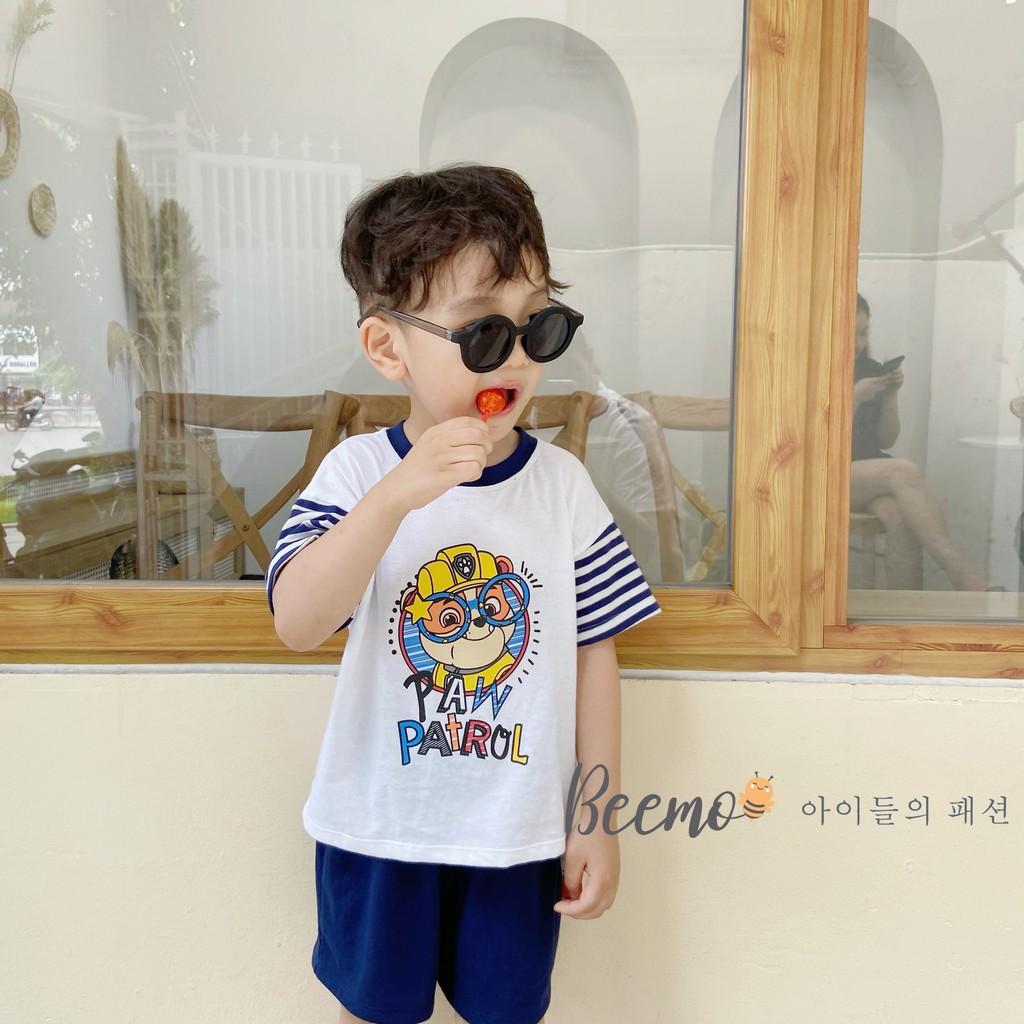 Set áo phông quần ngố bé trai họa tiết phối tay kẻ phong cách Hàn Quốc size 9-23kg