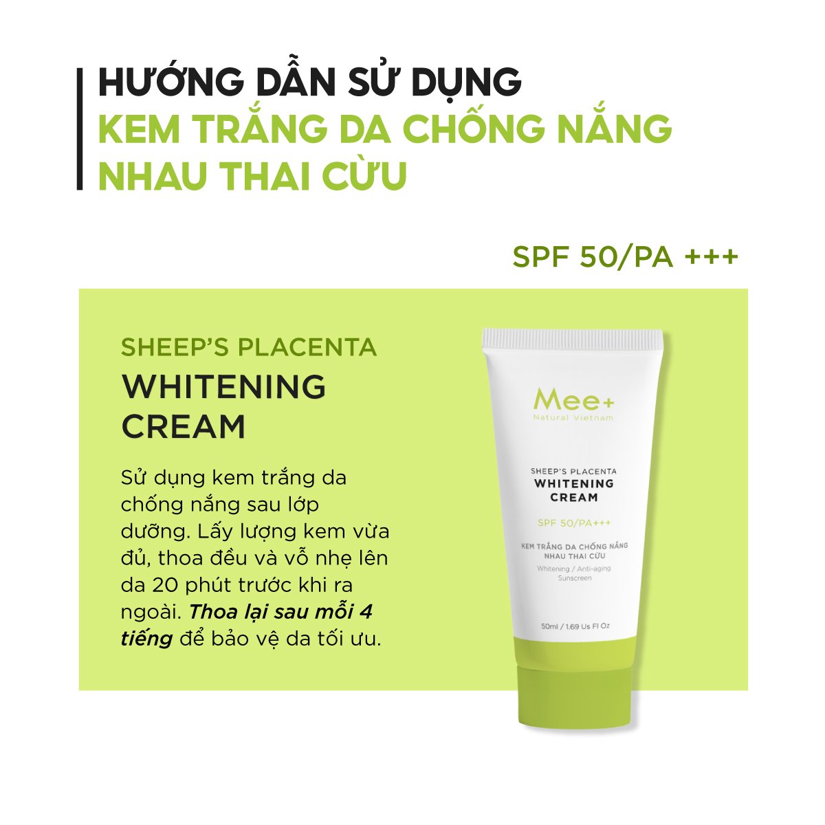 Kem trắng da chống nắng nhau thai cừu SPF 50 PA+++ chống UV dưỡng da trắng mịn, nâng tông MEE NATURAL 50ml