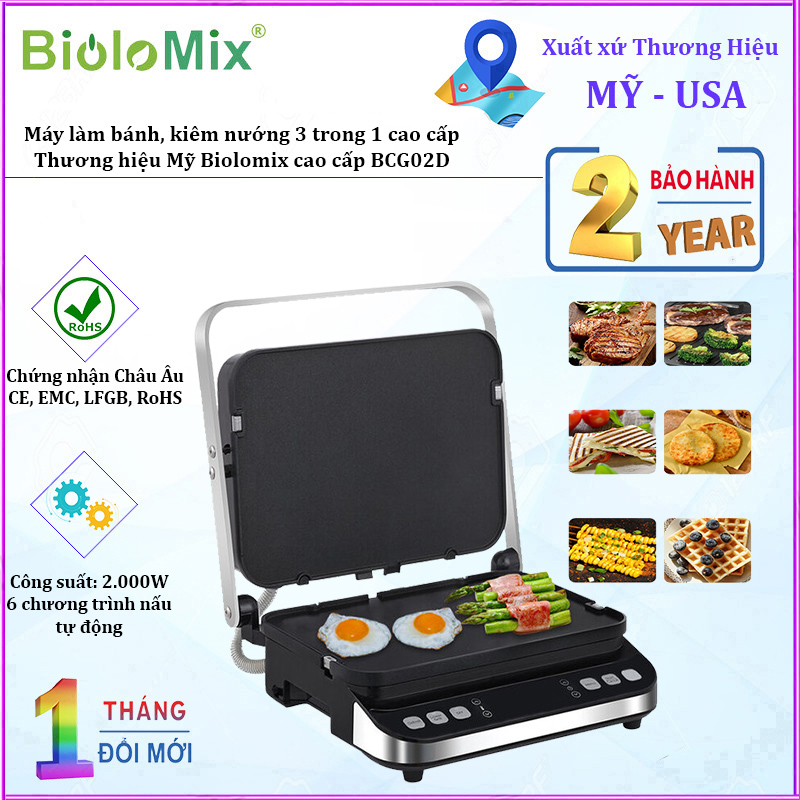 Máy làm bánh kiêm nướng 3 trong 1 Biolomix BCG02D công suất 2000W, bề mặt chống dính cao cấp - Hàng Nhập Khẩu