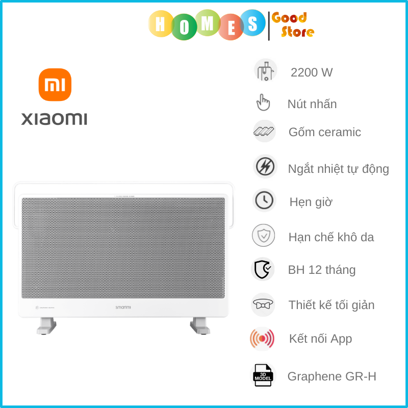 Máy Sưởi Điện Xiaomi Smartmi Graphene GR-H Thông Minh 3 Mức Nhiệt Độ Kháng Nước IPX4 Diện Tích Hoạt Động 20-25 m2, Công Suất 2200 W - Hàng Nhập Khẩu