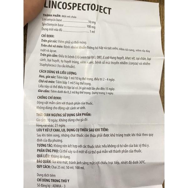 1 lọ LINCOSPECTOJECT dùng cho gà chọi, gà tây, chó mèo, trâu bò lợn bị viêm xoang, khò khè, sổ mũi áp xe