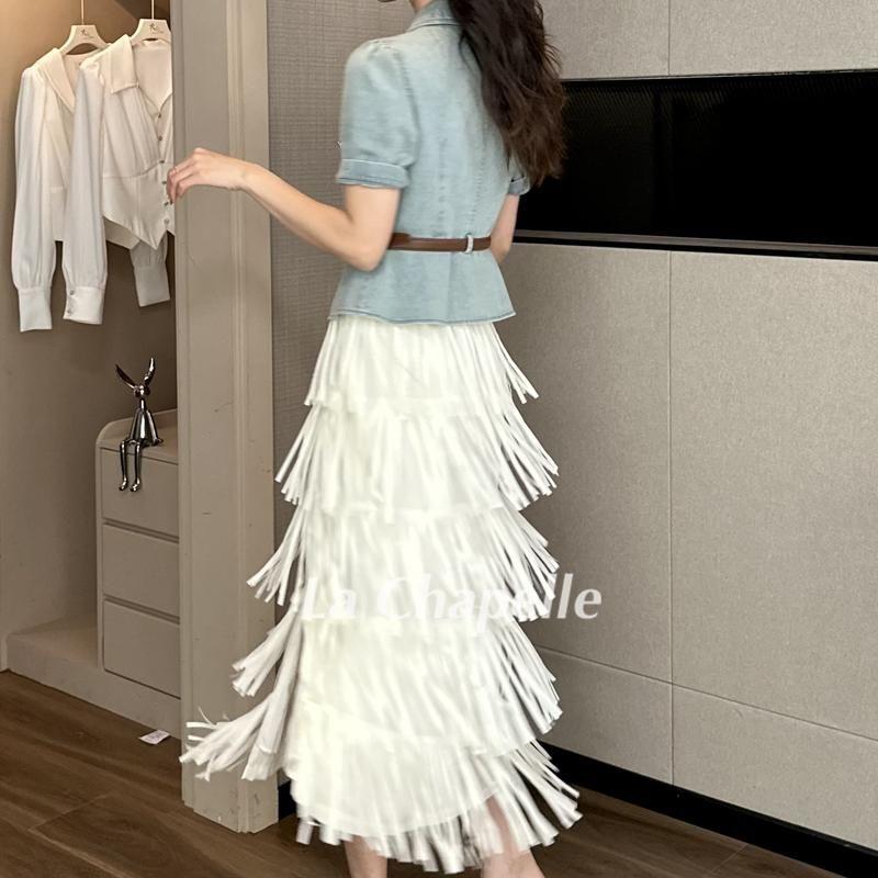 SHUANGYAN Trang phục mùa hè kết hợp với một bộ áo sơ mi cao bồi muối, khí chất, eo cao, thiết kế, váy nửa người tua rua, hai bộ đồ nữ.
