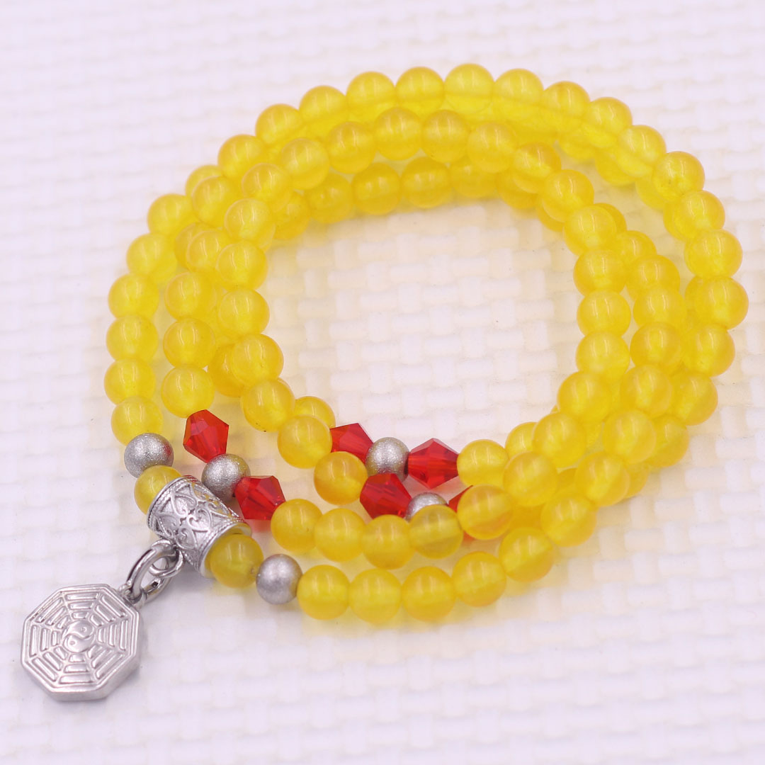 Vòng chuỗi 108 hạt đá thạch anh vàng 6 ly charm bát quái inox - vòng chuỗi niệm Phật, vòng tay chuỗi hạt