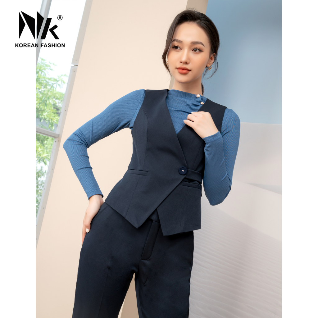 Bộ Gile Nữ Công Sở NK Fashion NKBD2109017 Áo Cá Eo Kết Hợp Quần Baggy, Vải Hàn Cao Cấp Mềm Mịn Co Giãn Nhẹ, Hiện Đại