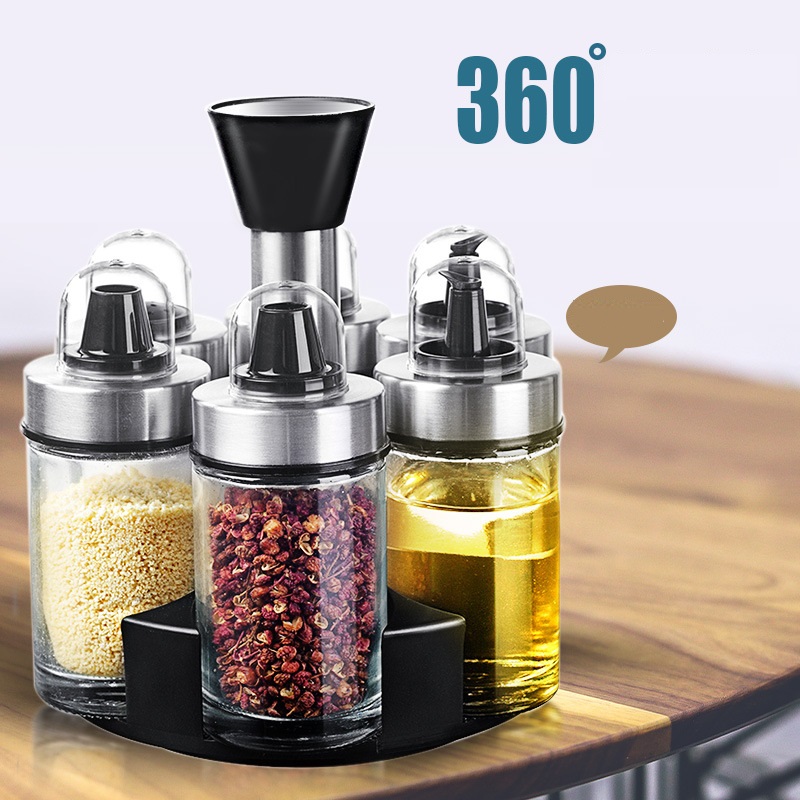 Bộ 6 Lọ Đựng Gia Vị Chất Liệu Thủy Tinh Kèm Đế Xoay 360 Tiện Lợi- TẠo Sang Trọng, Gọn Gàng Cho Căn Bếp - Hàng Chính Hãng MINIIN