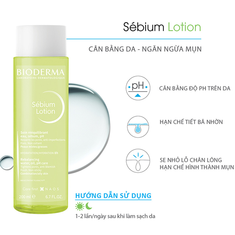 Dung Dịch Cân Bằng Da Bioderma Sebium Lotion 200ml + Tặng Kèm Túi Đựng Mỹ Phẩm Cao Cấp